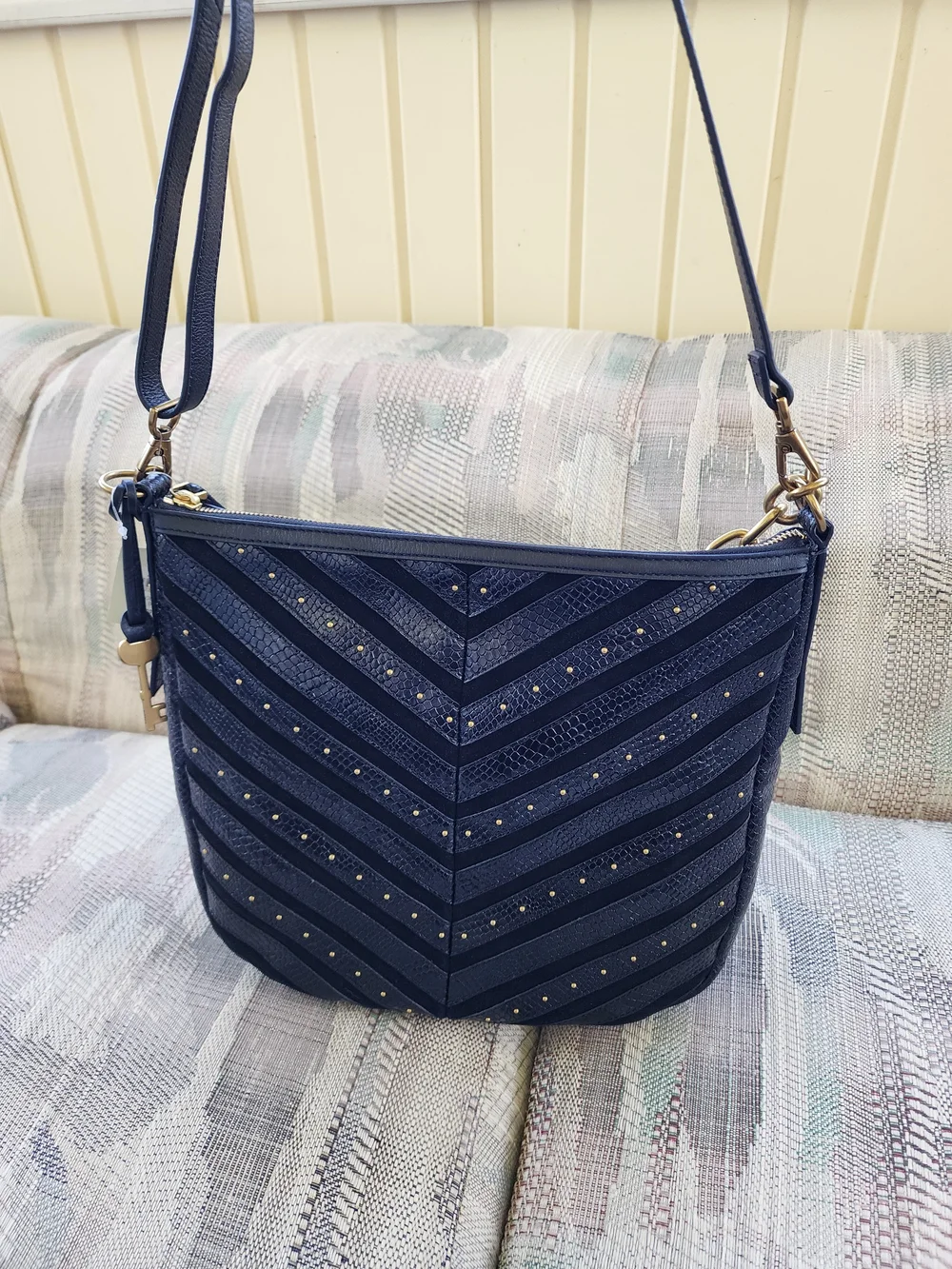 Fossil Jolie Black Chevron Studded Shoulder Or Crossbody Bag